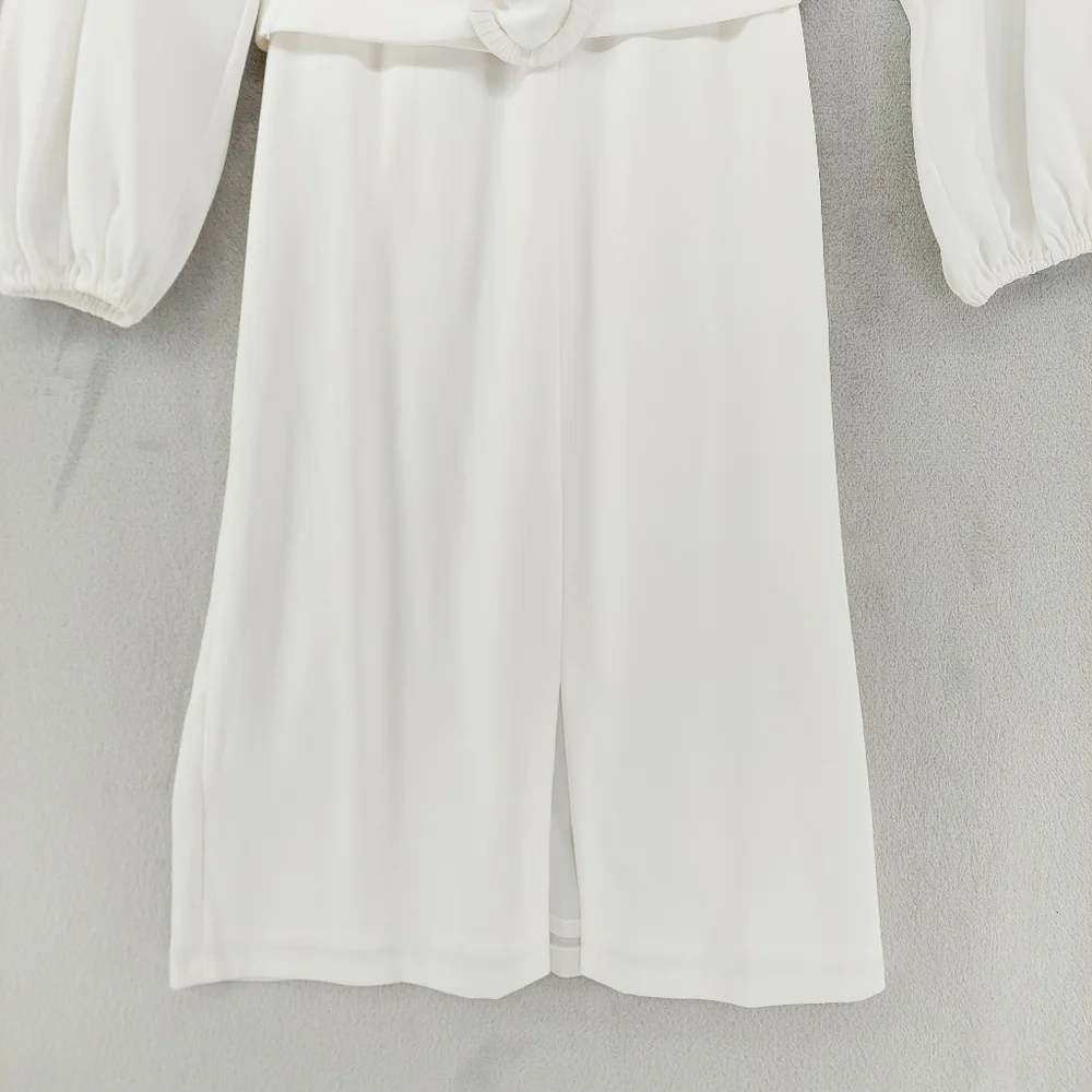 New Sachin & Babi Annie  White Crepe Sheath Belt & Blouson Sleeves Dress P4520 - Picture 4 of 11